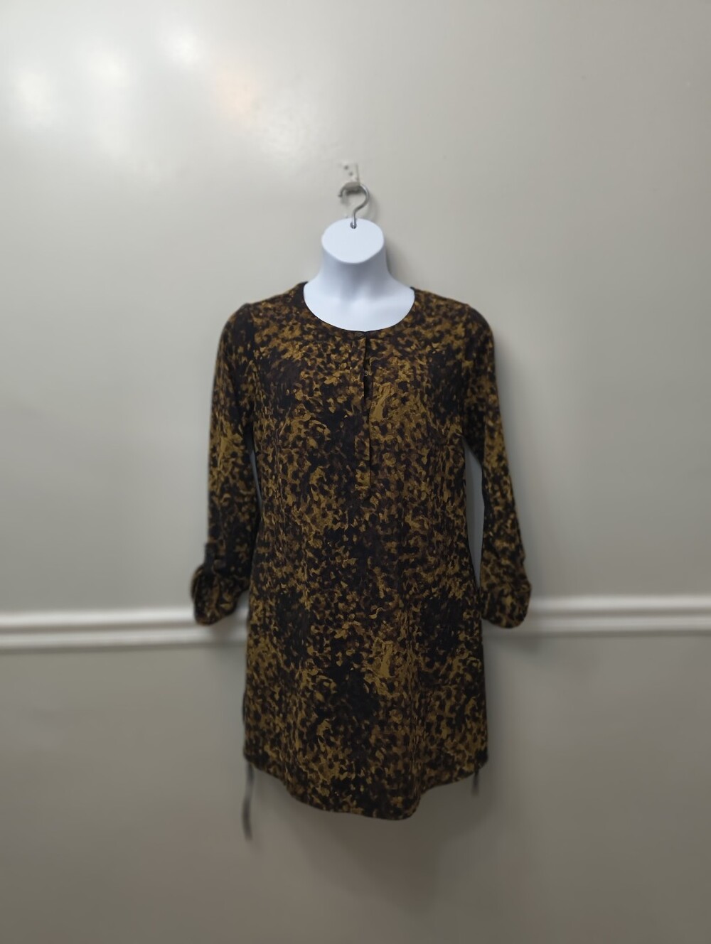 Merona XL Brown Black Roll Tab Long-Sleeve Tunic Dress Career Workwear Office